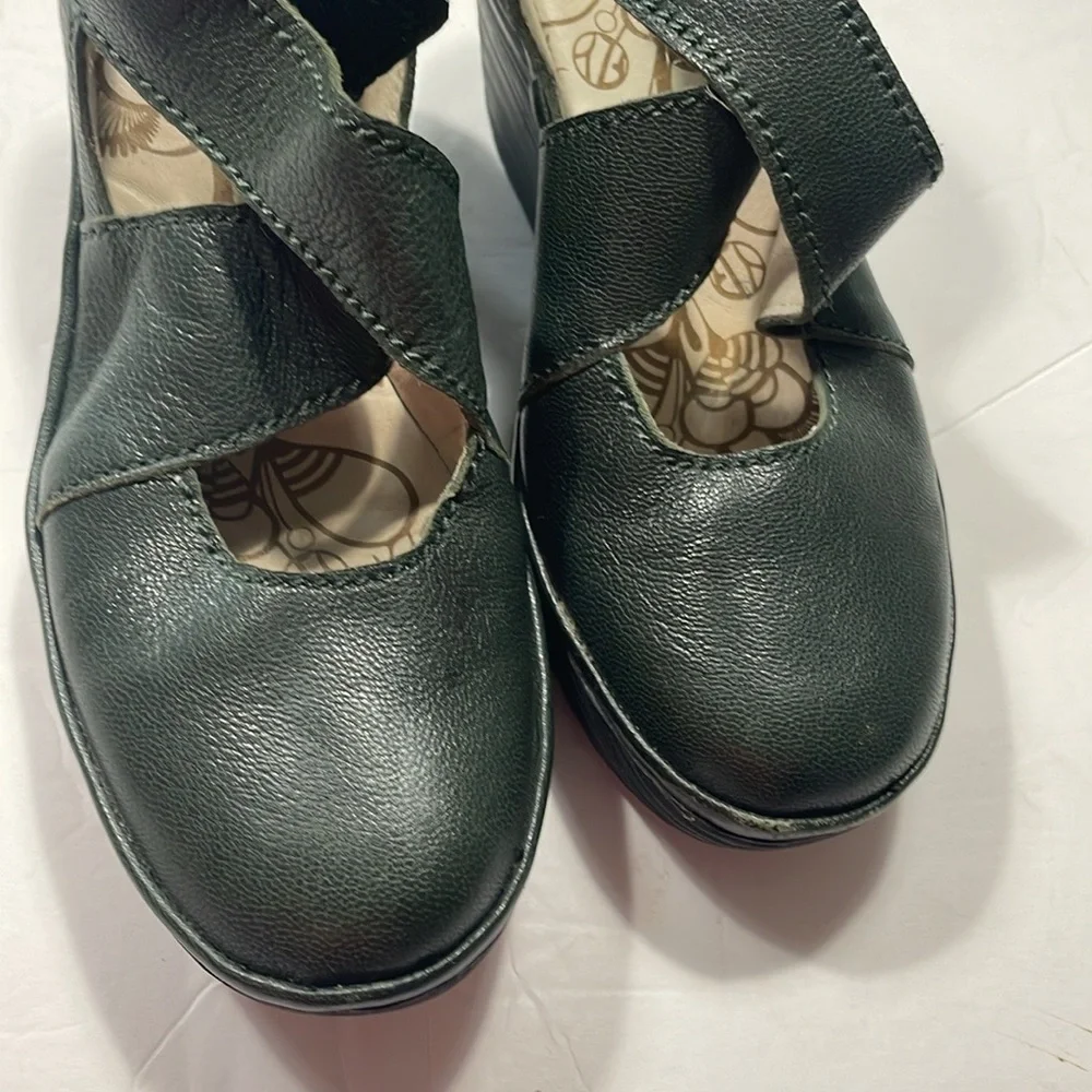 Fly London Dark Green Leather Wedge Sandals